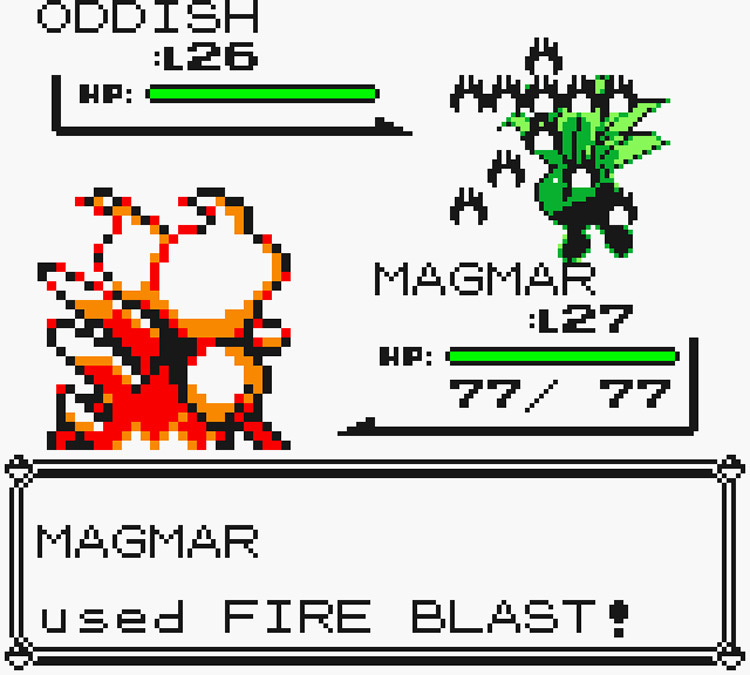 Magmar using Fire Blast against a wild Oddish / Pokémon Yellow