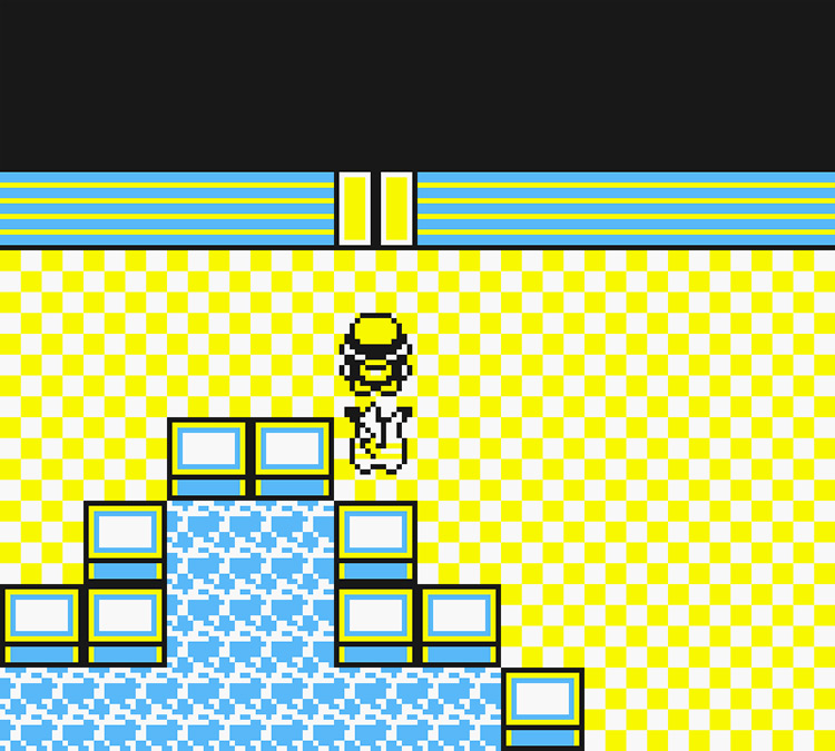 Standing in front of the elevator on the 1st floor of Silph Co / Pokémon Yellow