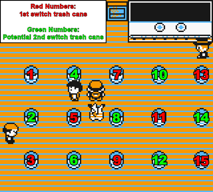 Red numbers are 1st trash can switches, Green numbers are potential 2nd switches / Pokémon Yellow