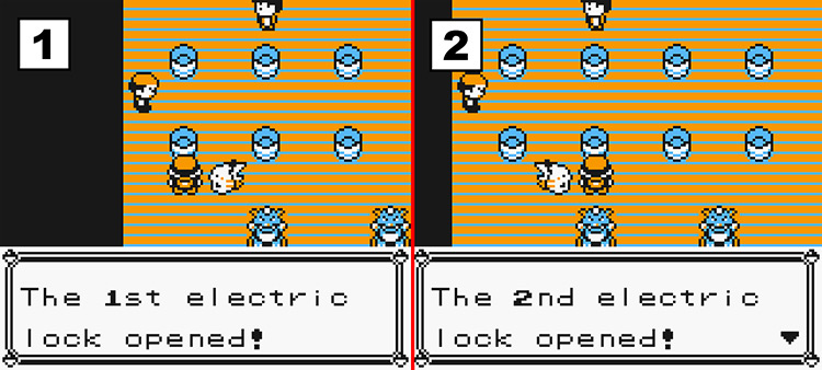 Unlocking the 1st switch (Left) and the 2nd switch (Right) to the motorized door in the Vermillion Gym / Pokémon Yellow