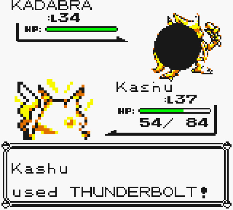 Pikachu using Thunderbolt against a trainer’s Kadabra / Pokémon Yellow