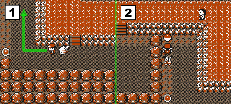 Standing below the stairs on a giant rock on floor two (Left) and standing next to the Pokéball containing TM05. (Right) / Pokémon Yellow