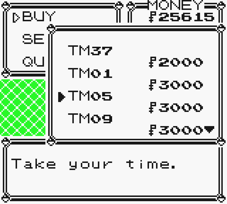 Selecting TM05 Mega Kick from the purchasable TM List / Pokémon Yellow