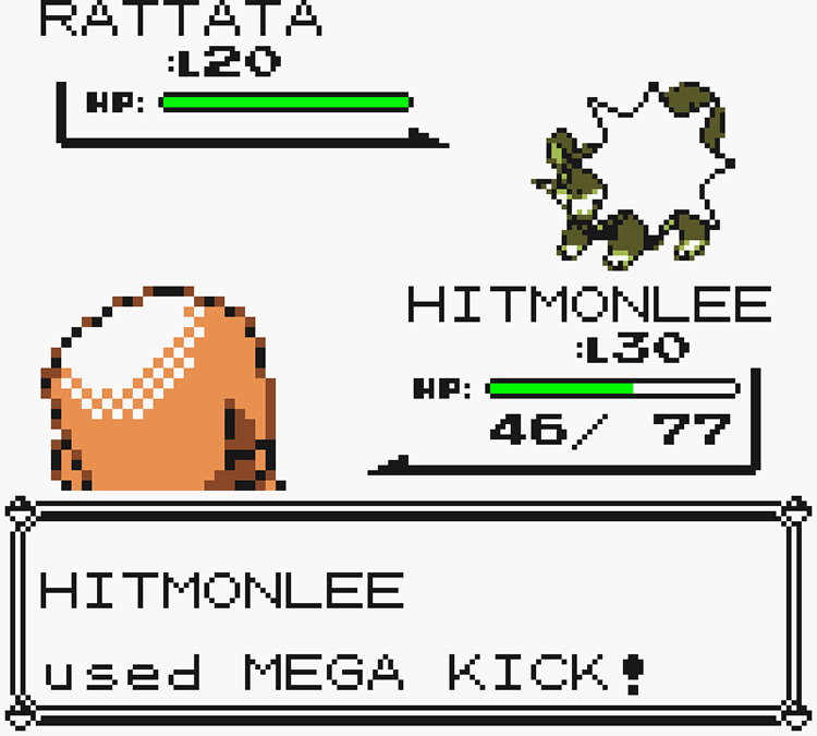 Hitmonlee using Mega Kick against a wild Rattata / Pokémon Yellow