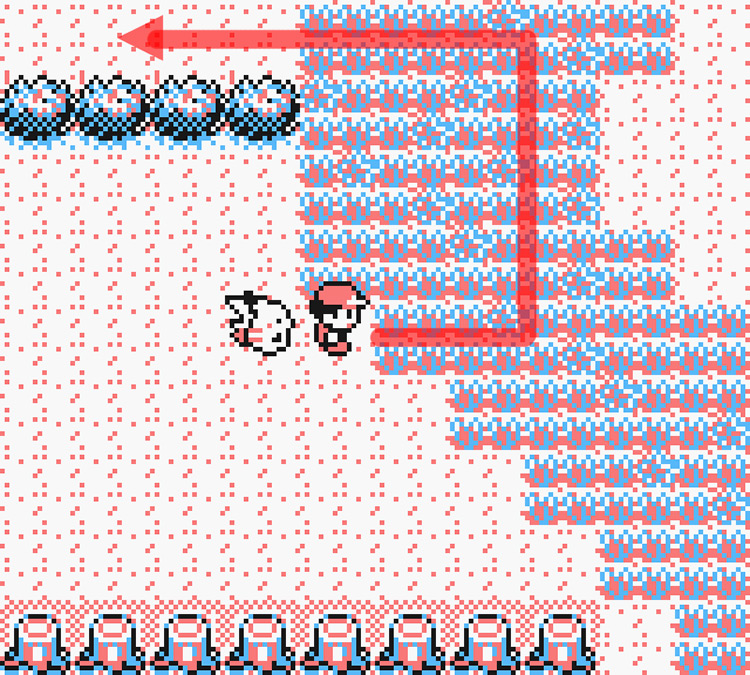 Standing near the top right corner of the north area / Pokémon Yellow