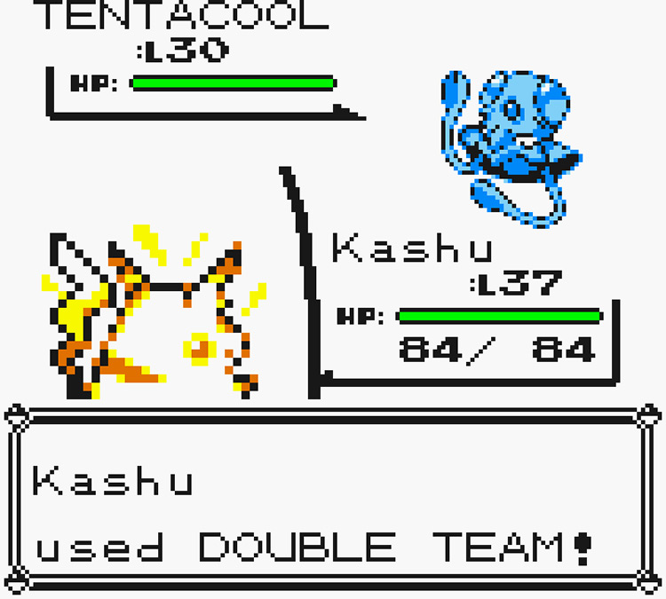Pikachu using Double Team against a trainer’s Tentacool / Pokémon Yellow
