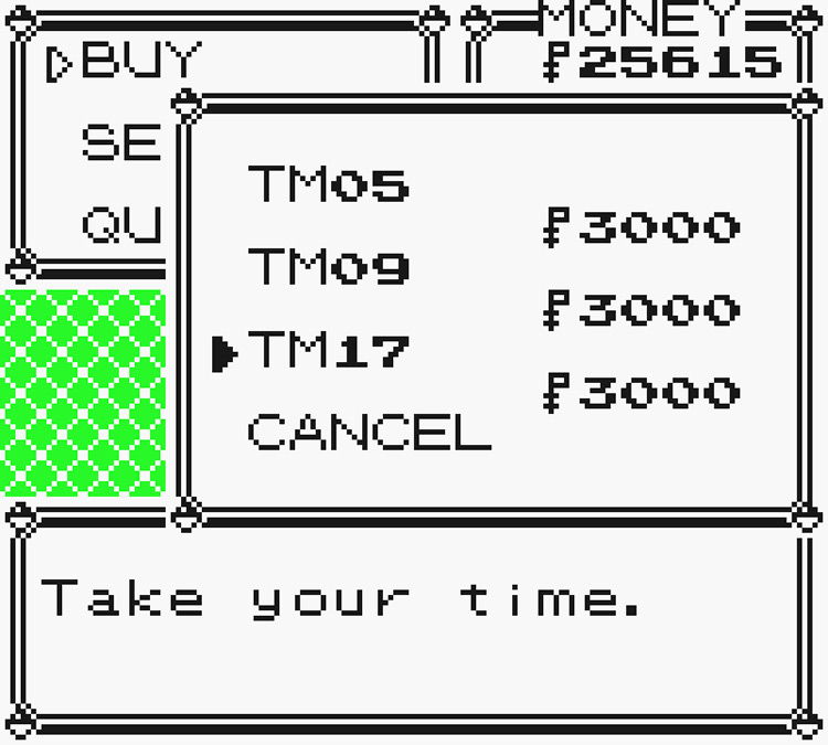 Selecting TM17 Submission from the purchasable TM List / Pokémon Yellow