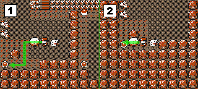 Standing next to a boulder on the 2nd floor (Left) and pushing the boulder onto a switch. (Right) / Pokémon Yellow
