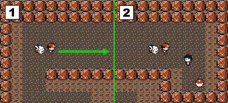 Standing near the top right corner of the 2nd floor (Left) and near the Pokéball containing TM17. (Right) / Pokémon Yellow