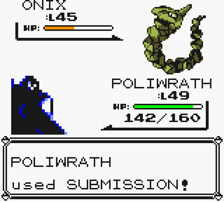 Poliwrath using Submission against a wild Onix / Pokémon Yellow