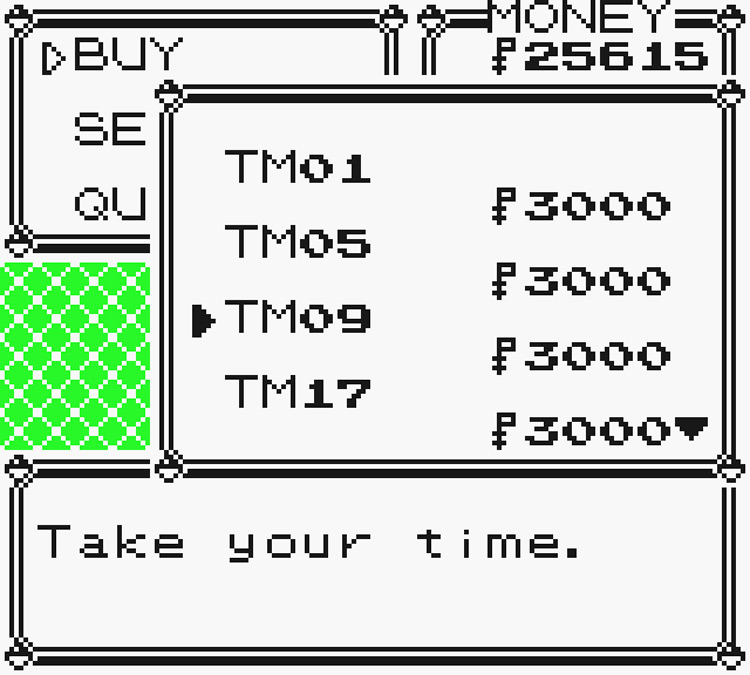 Selecting TM09 Take Down from the purchasable TM List / Pokémon Yellow