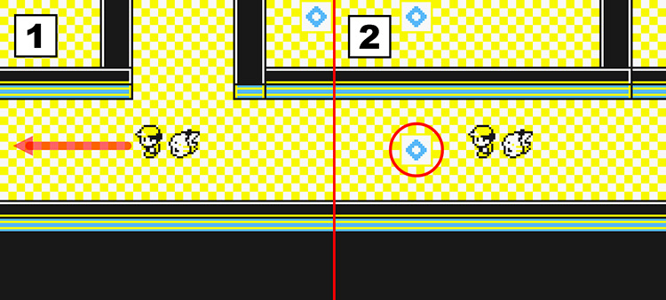 Standing near the bottom of the room (Left) and standing next to a teleporter on the 3rd floor of Silph Co. (Right) / Pokémon Yellow