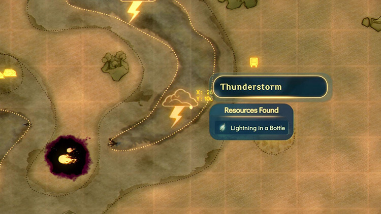 Thunderstorm events are marked via this logo on the map / Spiritfarer