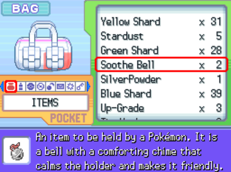 The in-game description of the Soothe Bell / Pokémon Platinum