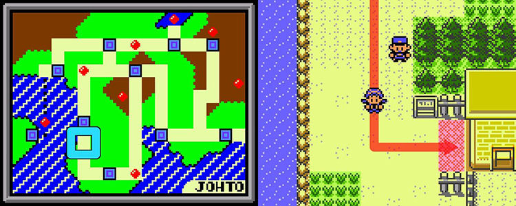 Left: Route 24 on the map. Right: Entering Day Care on Route 24 / Pokémon Crystal
