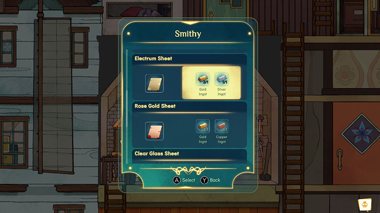 Choose the Electrum Sheet inside the Smithy / Spiritfarer