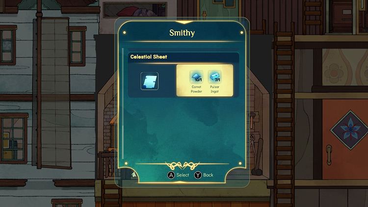 Choose the Celestial Sheet inside the Smithy / Spiritfarer