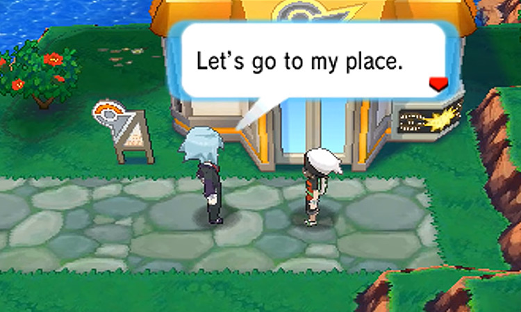 Steven and the player outside the Mossdeep City Gym / Pokémon ORAS
