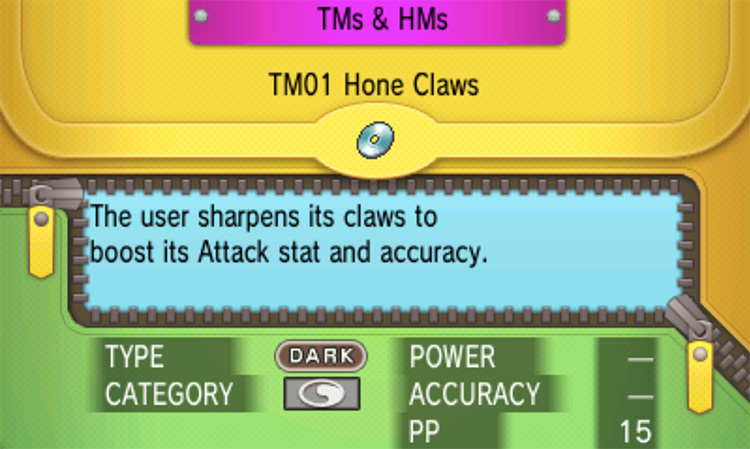 In-game details for TM01 Hone Claws / Pokémon Omega Ruby and Alpha Sapphire