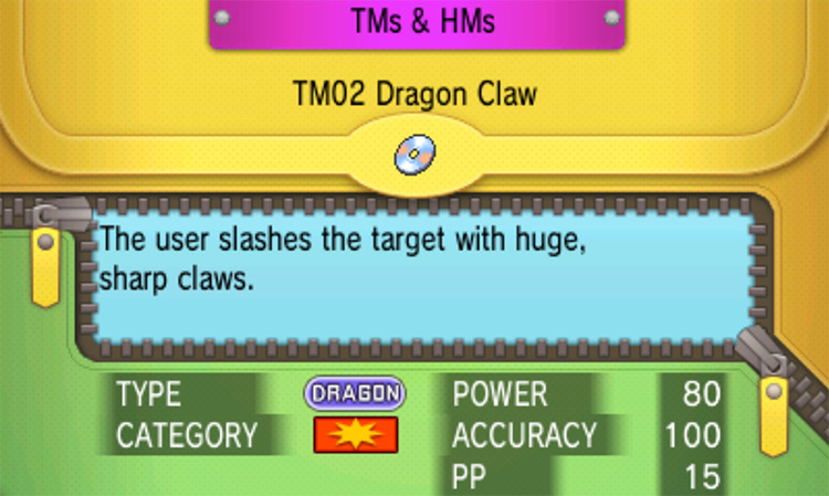In-game details for TM02 Dragon Claw / Pokémon Omega Ruby and Alpha Sapphire