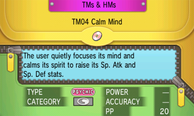 In-game details for TM04 Calm Mind / Pokémon Omega Ruby and Alpha Sapphire