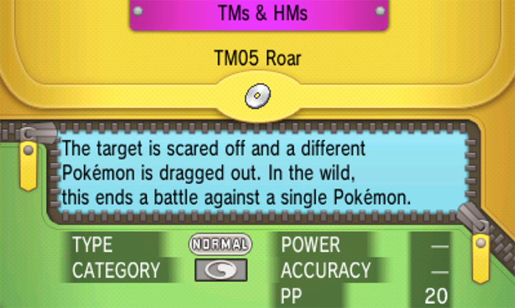 In-game details for TM05 Roar / Pokémon Omega Ruby and Alpha Sapphire