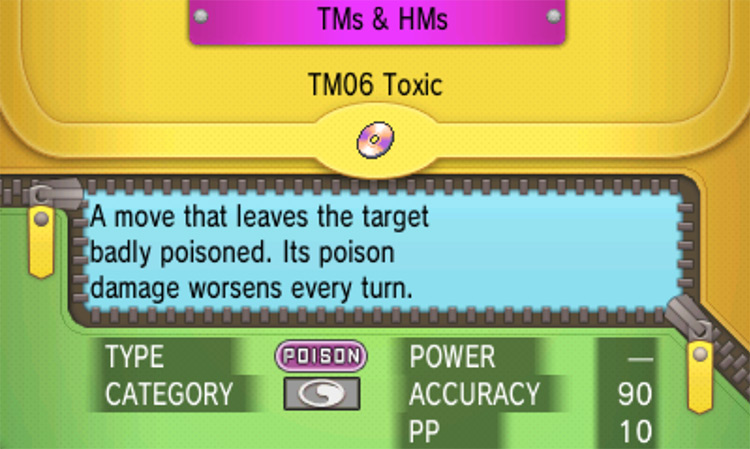 In-game details for TM06 Toxic / Pokémon Omega Ruby and Alpha Sapphire