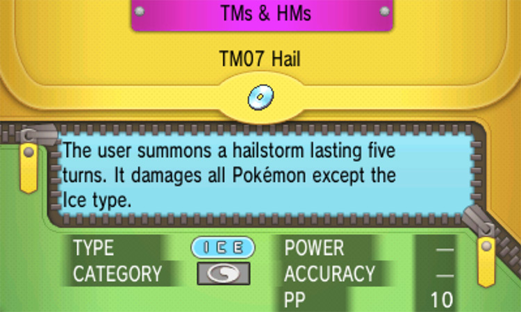 In-game details for TM07 Hail / Pokémon Omega Ruby and Alpha Sapphire