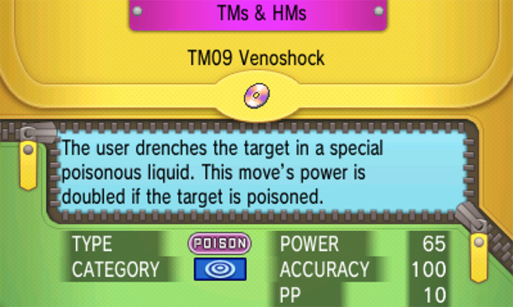 In-game details for TM09 Venoshock / Pokemon ORAS