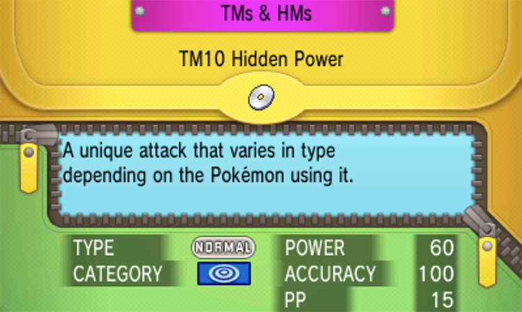 In-game details for TM10 Hidden Power / Pokemon ORAS