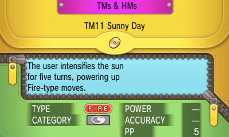 In-game details for TM11 Sunny Day / Pokemon ORAS