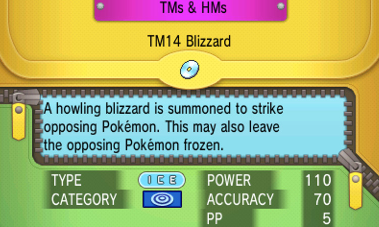 In-game details for TM14 Blizzard / Pokémon ORAS