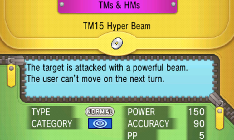 In-game details for TM15 Hyper Beam / Pokémon ORAS