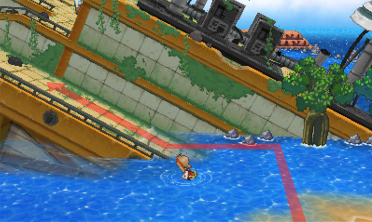 Surfing near the side of the sunken ship / Pokémon Omega Ruby and Alpha Sapphire