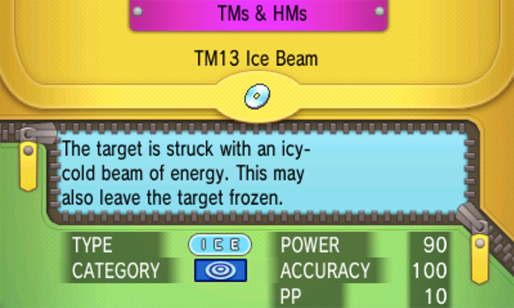 In-game details for TM13 Ice Beam / Pokémon Omega Ruby and Alpha Sapphire