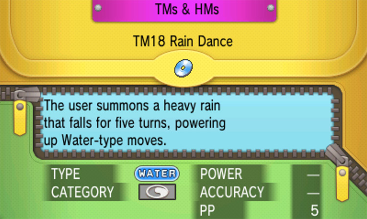 In-game details for TM18 Rain Dance / Pokémon Omega Ruby and Alpha Sapphire