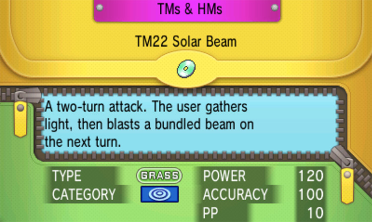 In-game details for TM22 Solar Beam / Pokémon Omega Ruby and Alpha Sapphire