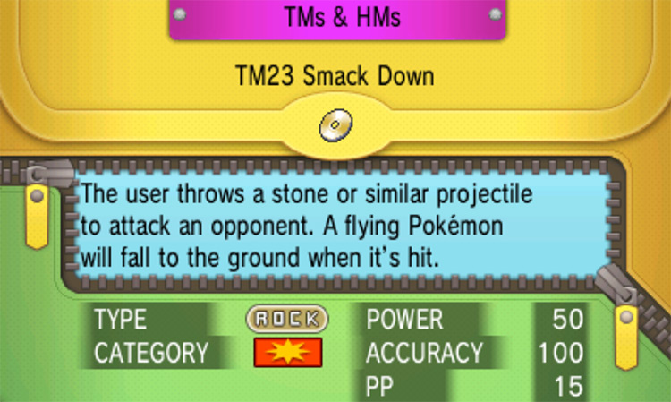 In-game details for TM23 Smack Down / Pokémon Omega Ruby and Alpha Sapphire
