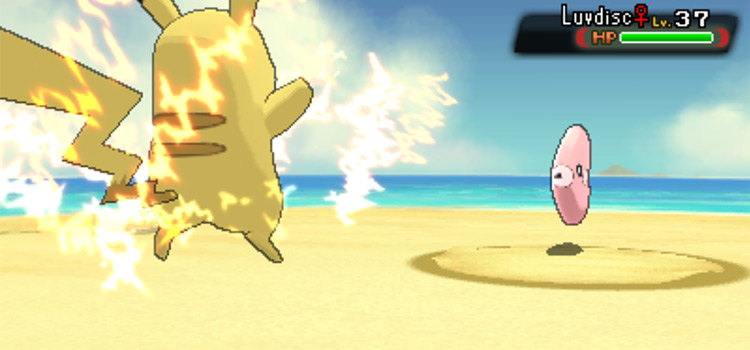 Pikachu using Thunderbolt in battle (Pokémon ORAS)