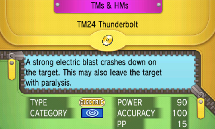 In-game details for TM24 Thunderbolt / Pokémon Omega Ruby and Alpha Sapphire