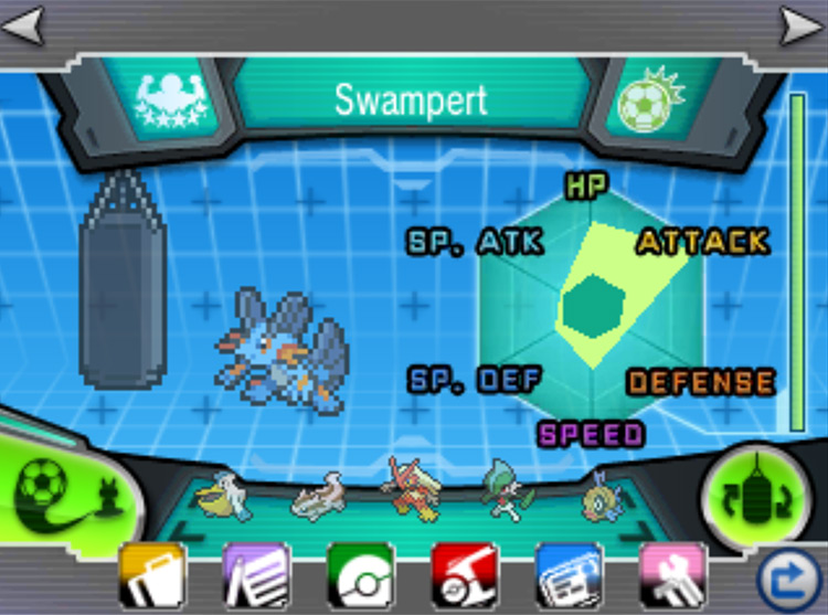 The meter on the right shows that Swampert is fully-trained / Pokémon ORAS