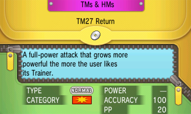 In-game details for TM27 Return / Pokémon Omega Ruby and Alpha Sapphire