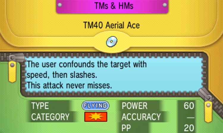 In-game details for TM40 Aerial Ace / Pokémon Omega Ruby and Alpha Sapphire