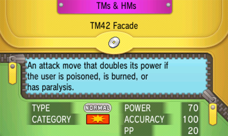 In-game details for TM42 Facade / Pokémon Omega Ruby and Alpha Sapphire