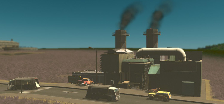 An incineration plant with some garbage trucks driving past (Cities: Skylines)