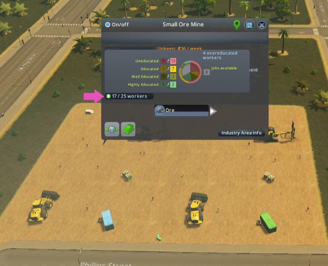 To see the education level of workers needed to fill jobs in each building, click on the building then mouse over the tiny ‘i’ icon / Cities: Skylines
