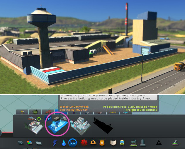 You'll find the glass manufacturing plant under Processing Buildings right beside the ore grinding mill / Cities: Skylines