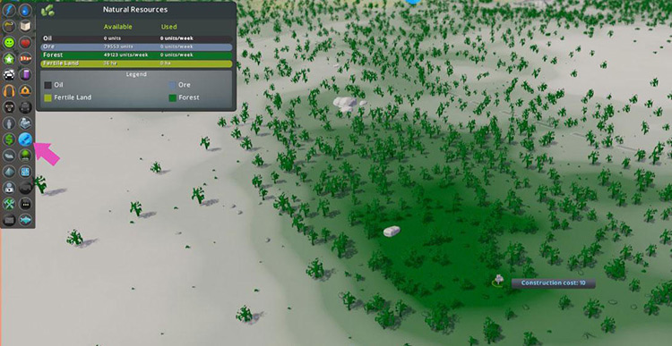 The forest resource is indicated by a green color on the map (and an abundance of trees). / Cities: Skylines