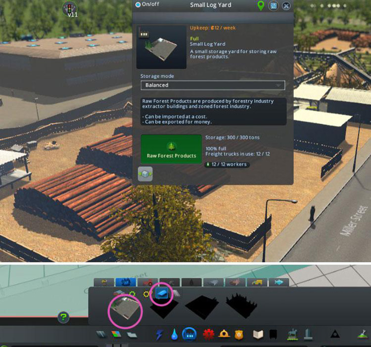 Click on Storage Buildings (warehouse icon) under the Forestry Industry tab to find the small log yard. / Cities: Skylines