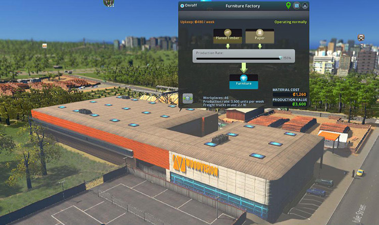 The furniture factory uses planed timber and paper to produce luxury goods. / Cities: Skylines
